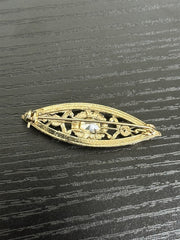 Unsigned 10k Gold-Filled Mid-Century Art Deco Filigree Brooch with Backed Oval Amber