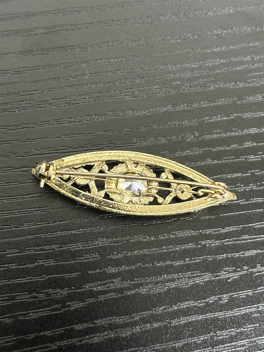 Unsigned 10k Gold-Filled Mid-Century Art Deco Filigree Brooch with Backed Oval Amber
