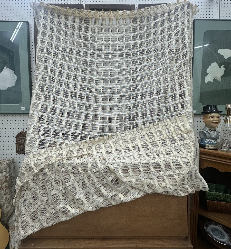 Open-Weave Rod-Pocketed Sheer Vintage Netted Lace Geometric 1980s Cream Curtains Set Of 4