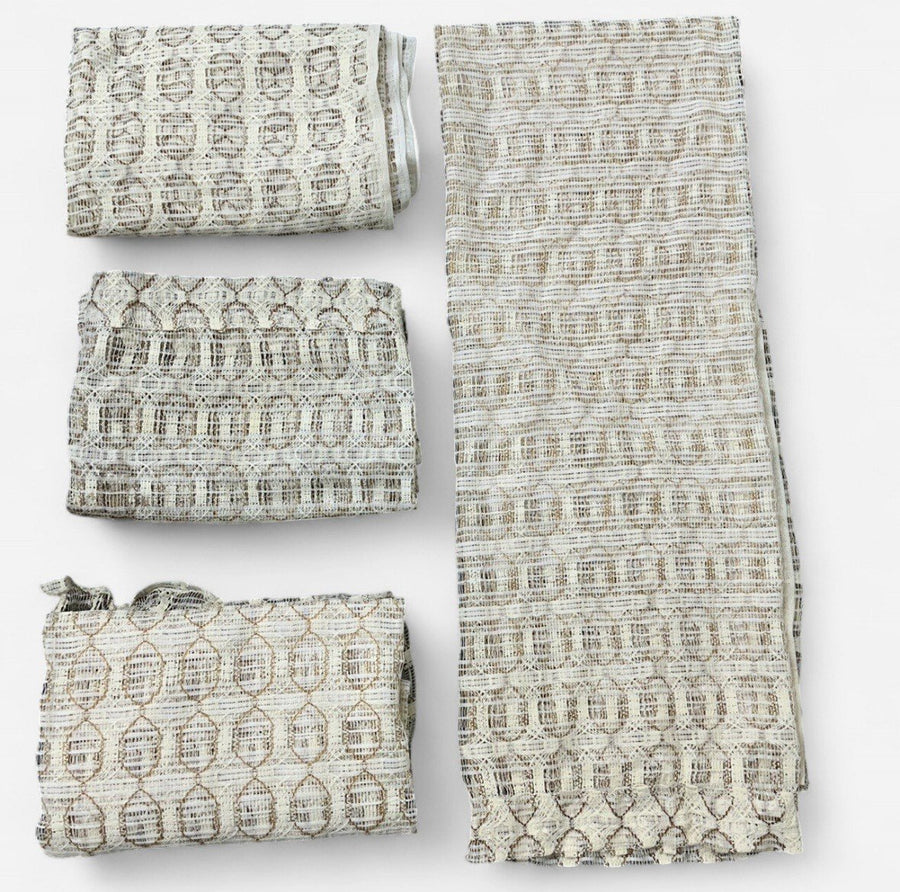 Open-Weave Rod-Pocketed Sheer Vintage Netted Lace Geometric 1980s Cream Curtains Set Of 4