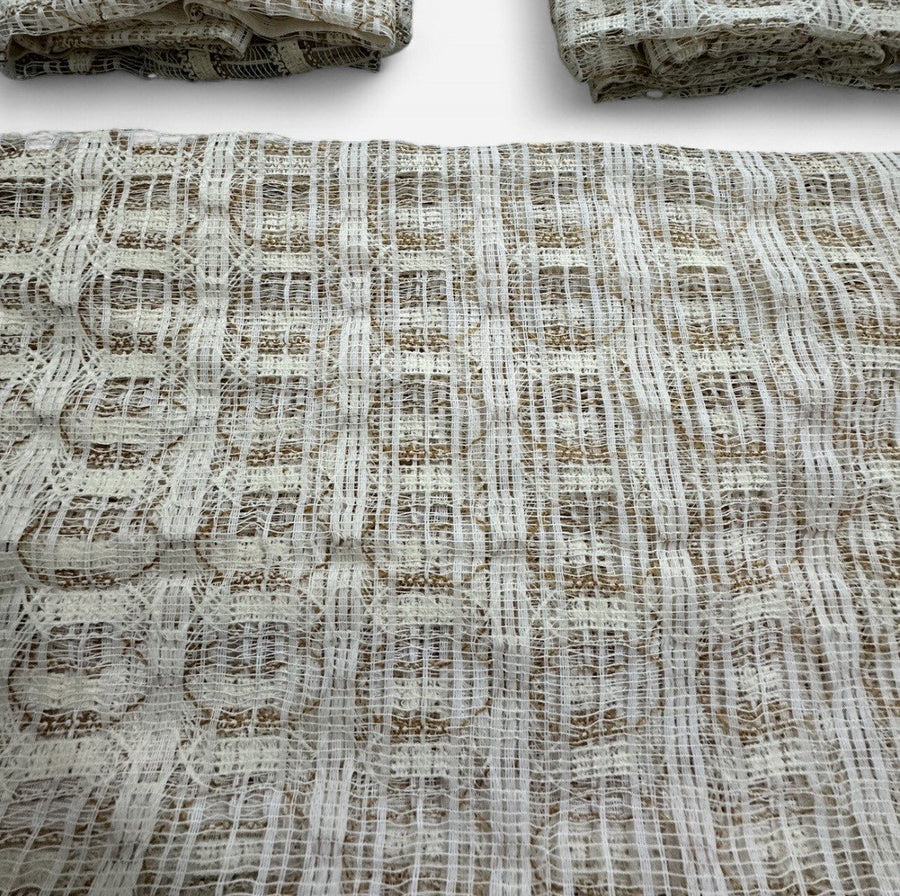 Open-Weave Rod-Pocketed Sheer Vintage Netted Lace Geometric 1980s Cream Curtains Set Of 4