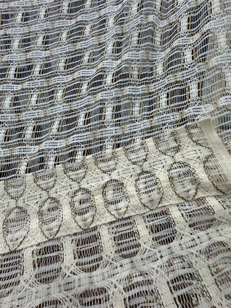Open-Weave Rod-Pocketed Sheer Vintage Netted Lace Geometric 1980s Cream Curtains Set Of 4