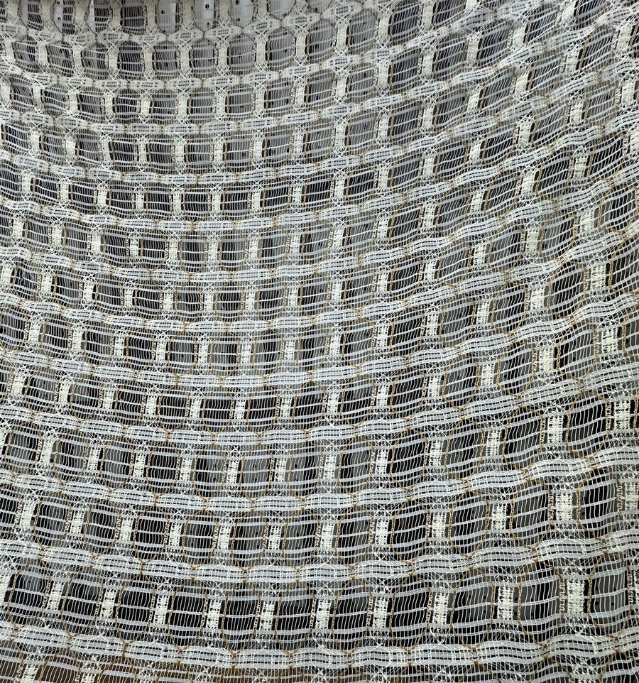 Open-Weave Rod-Pocketed Sheer Vintage Netted Lace Geometric 1980s Cream Curtains Set Of 4