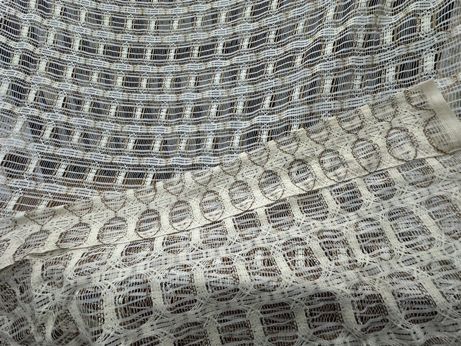 Open-Weave Rod-Pocketed Sheer Vintage Netted Lace Geometric 1980s Cream Curtains Set Of 4