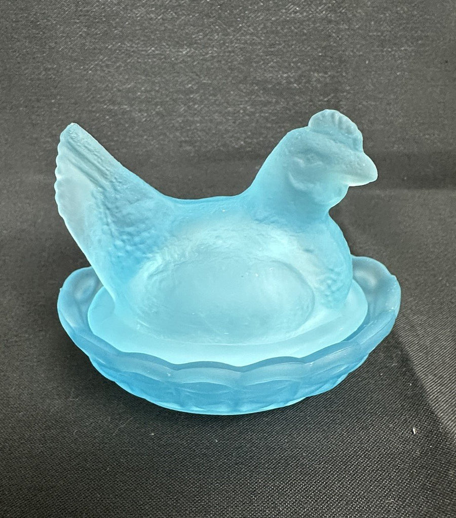 Westmoreland Blue Frosted Glass Nesting Hen Milk Glass "3.6in