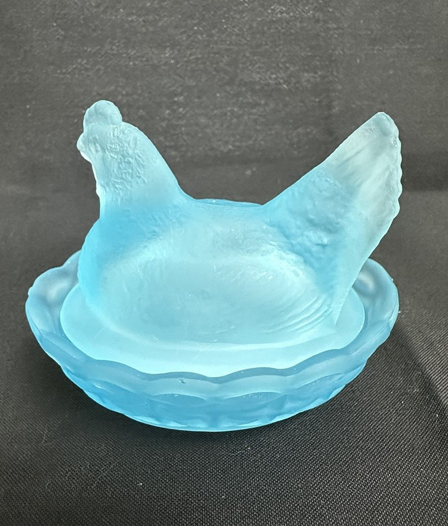 Westmoreland Blue Frosted Glass Nesting Hen Milk Glass "3.6in