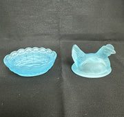 Westmoreland Blue Frosted Glass Nesting Hen Milk Glass "3.6in