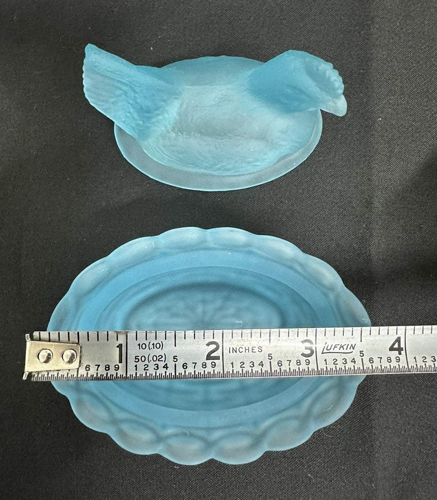 Westmoreland Blue Frosted Glass Nesting Hen Milk Glass "3.6in