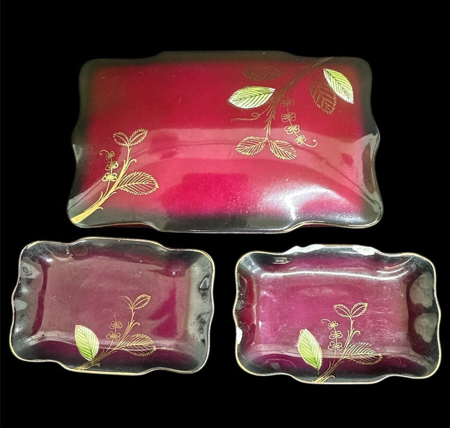 Sterling China Vintage Japanese Red Floral Soy Sauce Dish Box Set | One Chipped