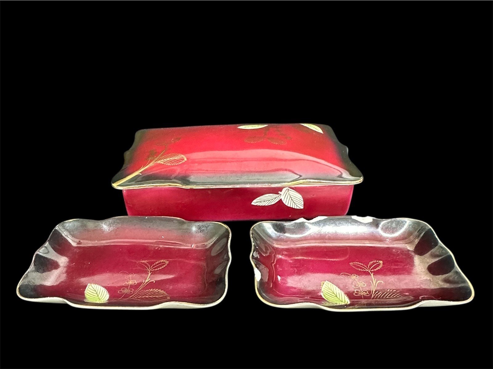 Sterling China Vintage Japanese Red Floral Soy Sauce Dish Box Set | One Chipped