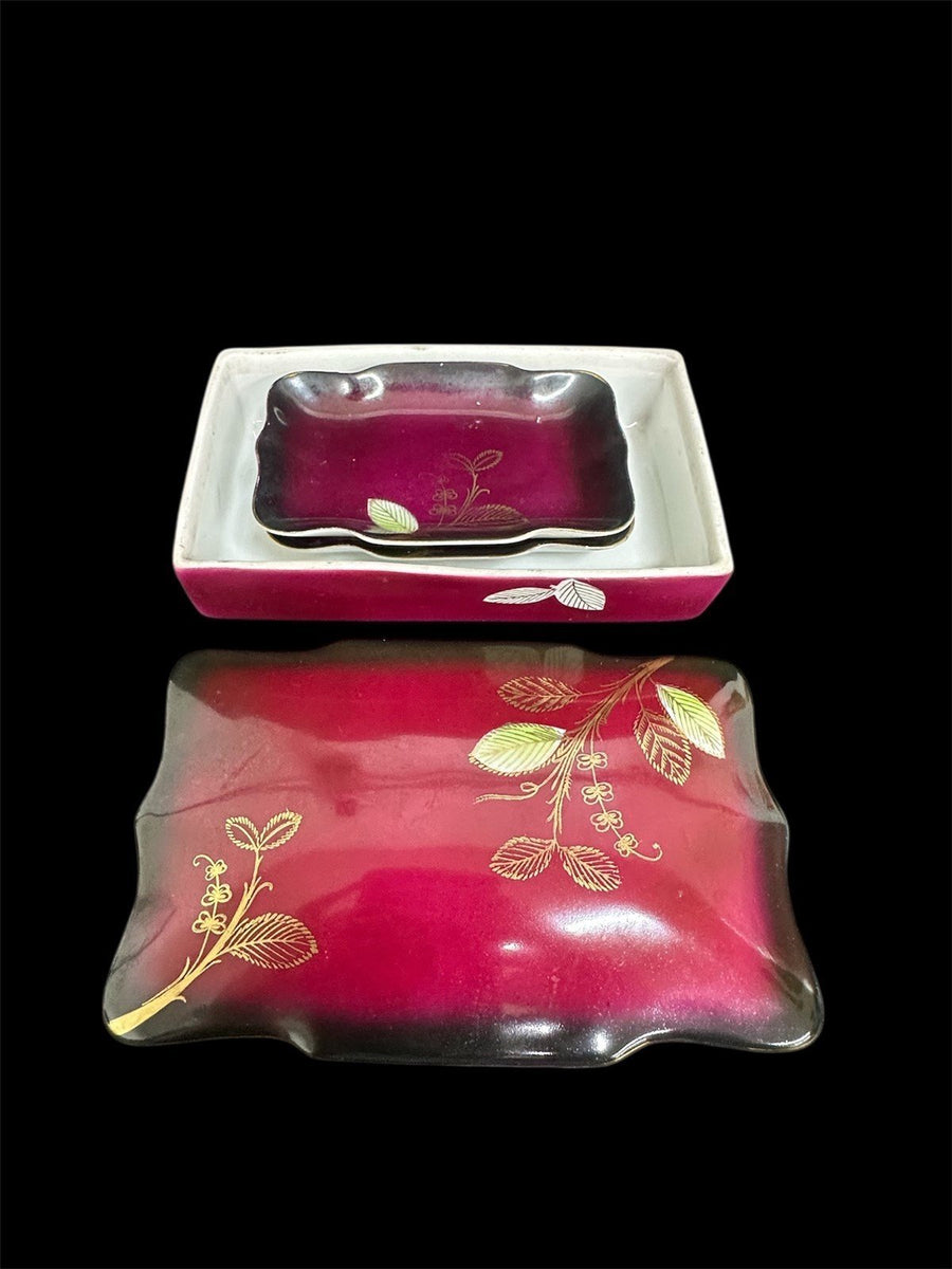 Sterling China Vintage Japanese Red Floral Soy Sauce Dish Box Set | One Chipped