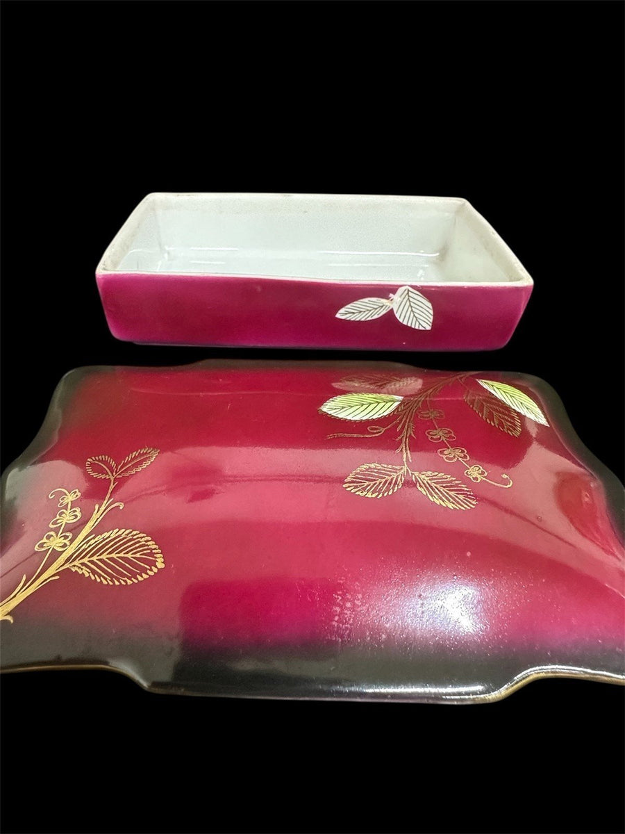 Sterling China Vintage Japanese Red Floral Soy Sauce Dish Box Set | One Chipped