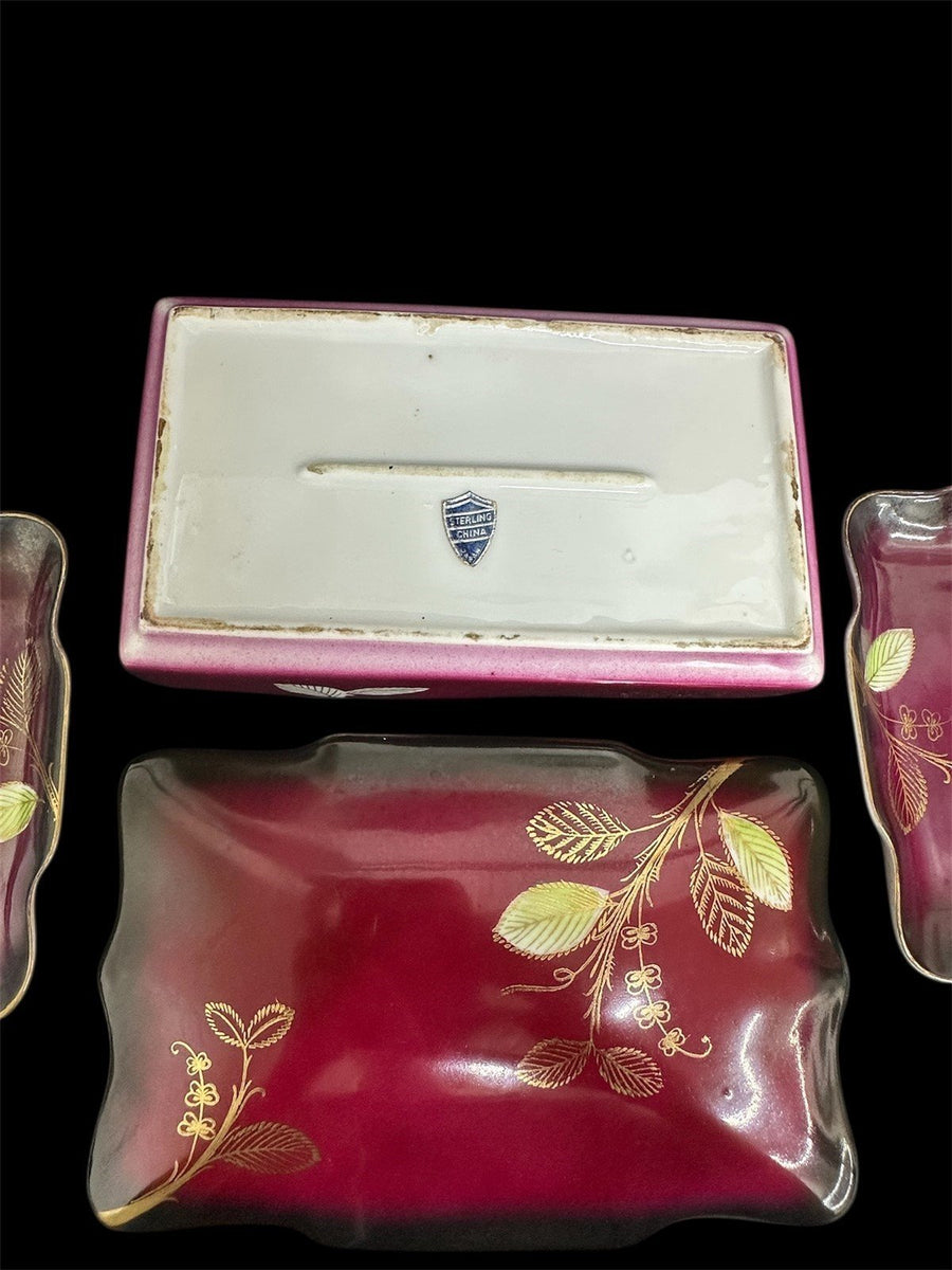 Sterling China Vintage Japanese Red Floral Soy Sauce Dish Box Set | One Chipped