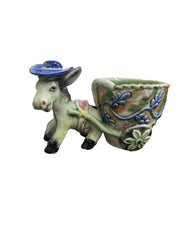 1960s Hand-Painted Ceramic Hatted-Donkey Pulling Floral Cart Planter