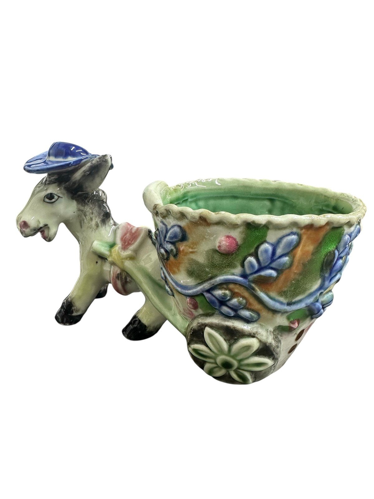 1960s Hand-Painted Ceramic Hatted-Donkey Pulling Floral Cart Planter