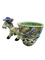 1960s Hand-Painted Ceramic Hatted-Donkey Pulling Floral Cart Planter