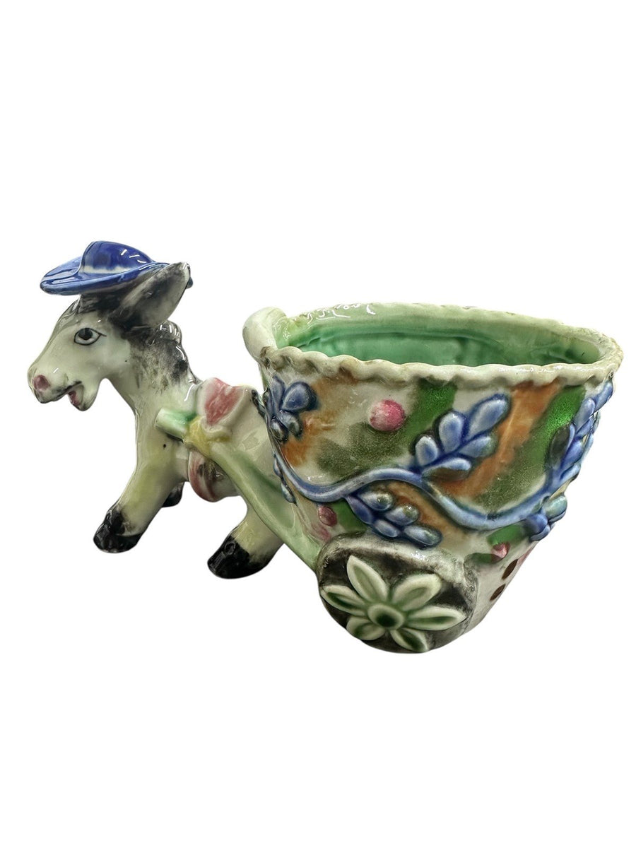 1960s Hand-Painted Ceramic Hatted-Donkey Pulling Floral Cart Planter