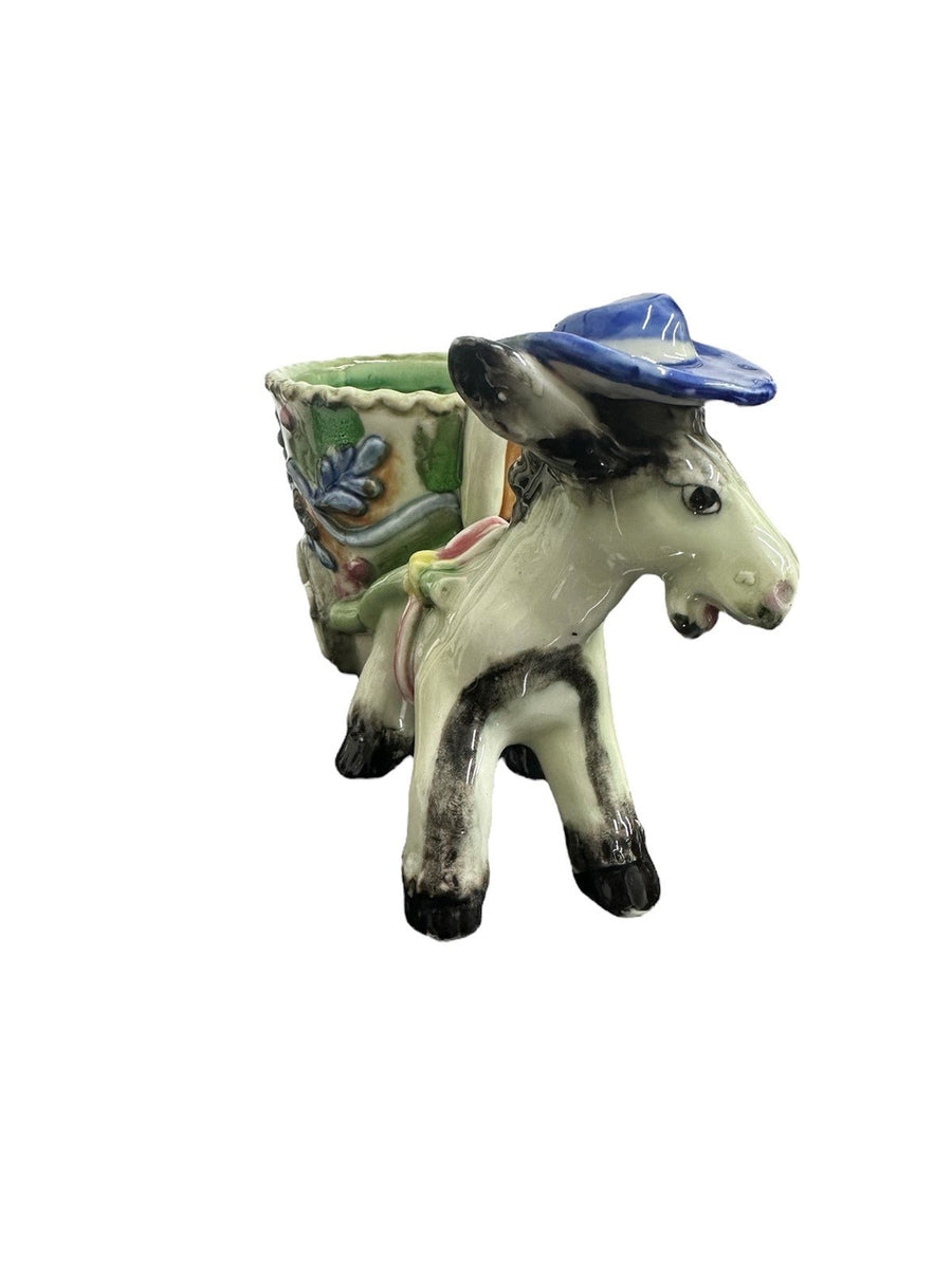 1960s Hand-Painted Ceramic Hatted-Donkey Pulling Floral Cart Planter