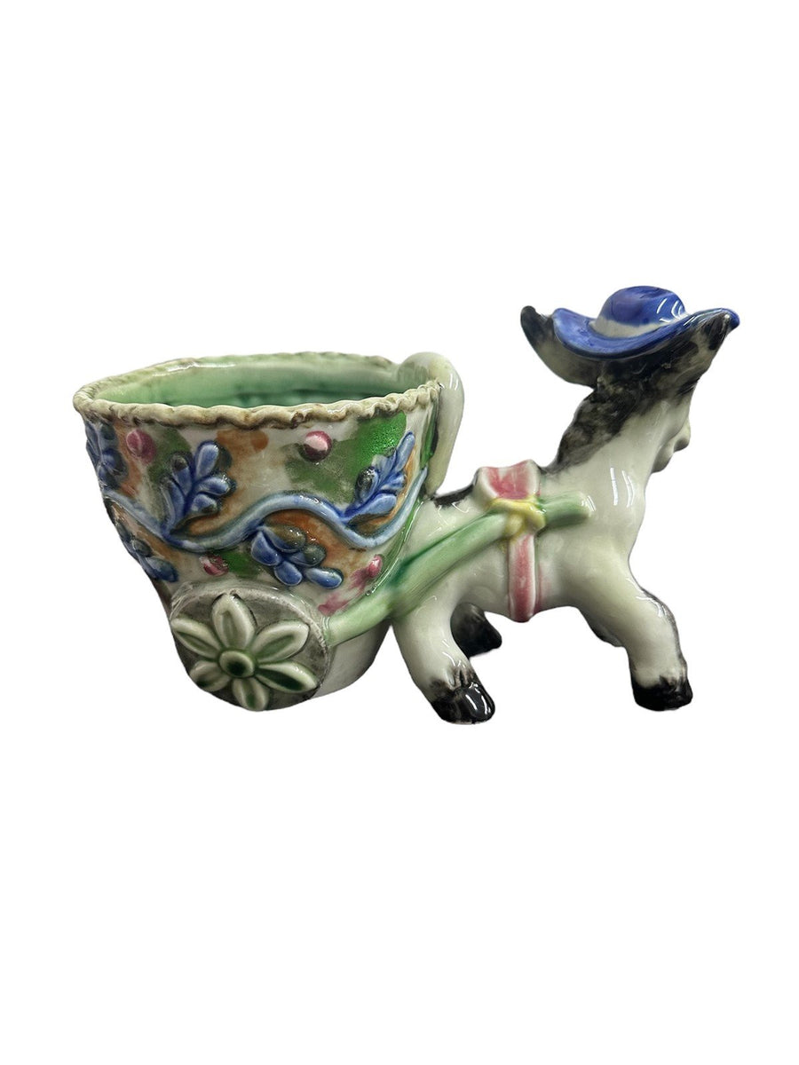 1960s Hand-Painted Ceramic Hatted-Donkey Pulling Floral Cart Planter