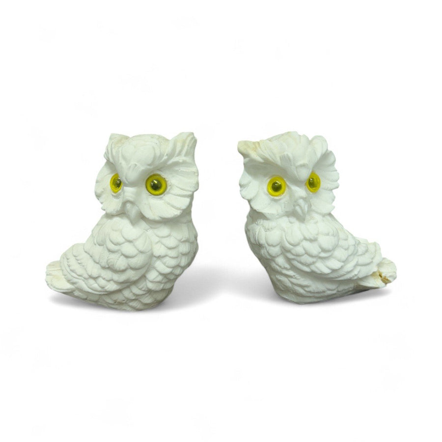 Handmade Norleans Vintage Alabaster Salt Stone White Pair Owls with Yellow Eyes