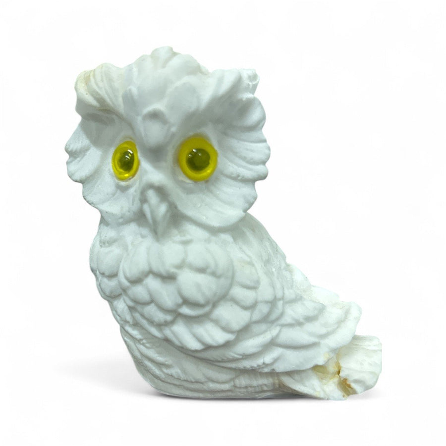 Handmade Norleans Vintage Alabaster Salt Stone White Pair Owls with Yellow Eyes