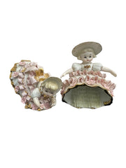 Set of 2 Vintage Lefton Porcelain Figurines Pink Gold & White Ruffle Dress Girls