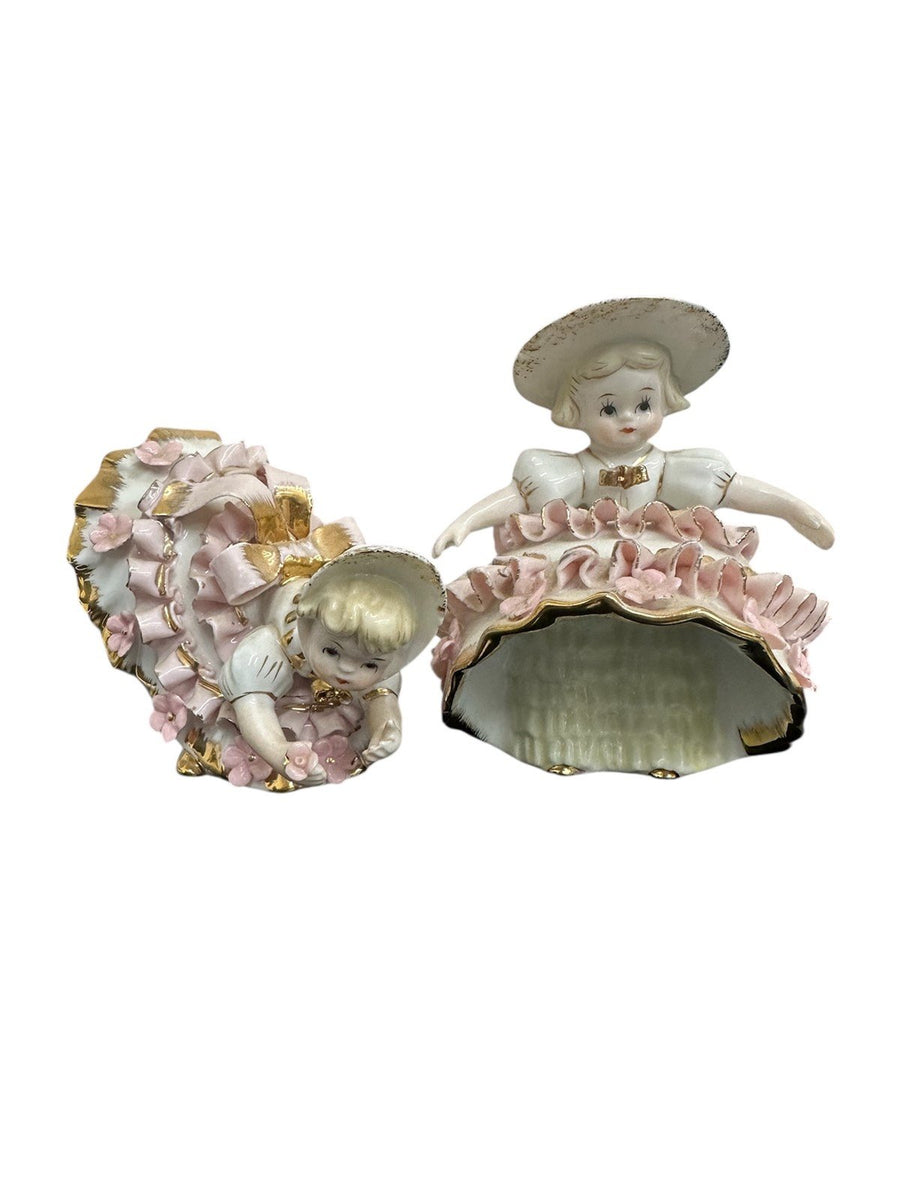 Set of 2 Vintage Lefton Porcelain Figurines Pink Gold & White Ruffle Dress Girls