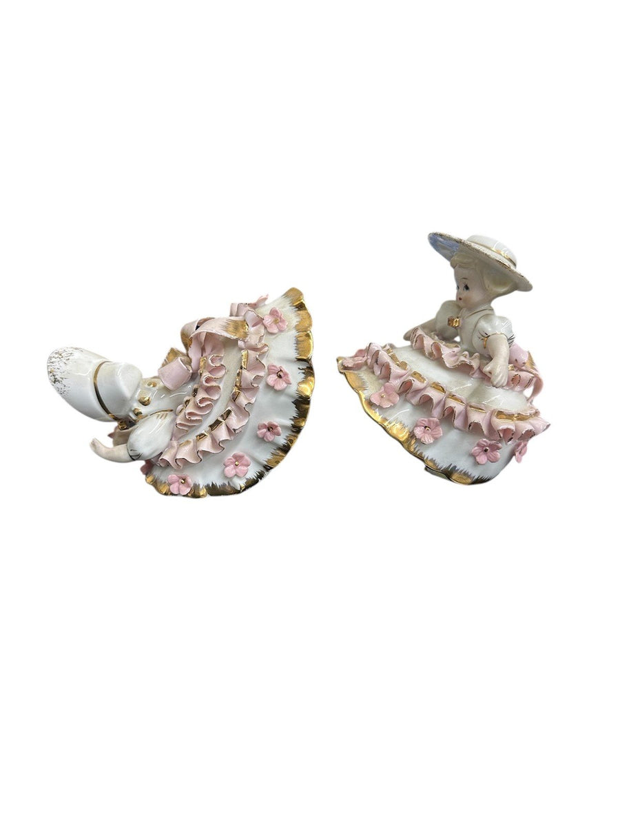 Set of 2 Vintage Lefton Porcelain Figurines Pink Gold & White Ruffle Dress Girls