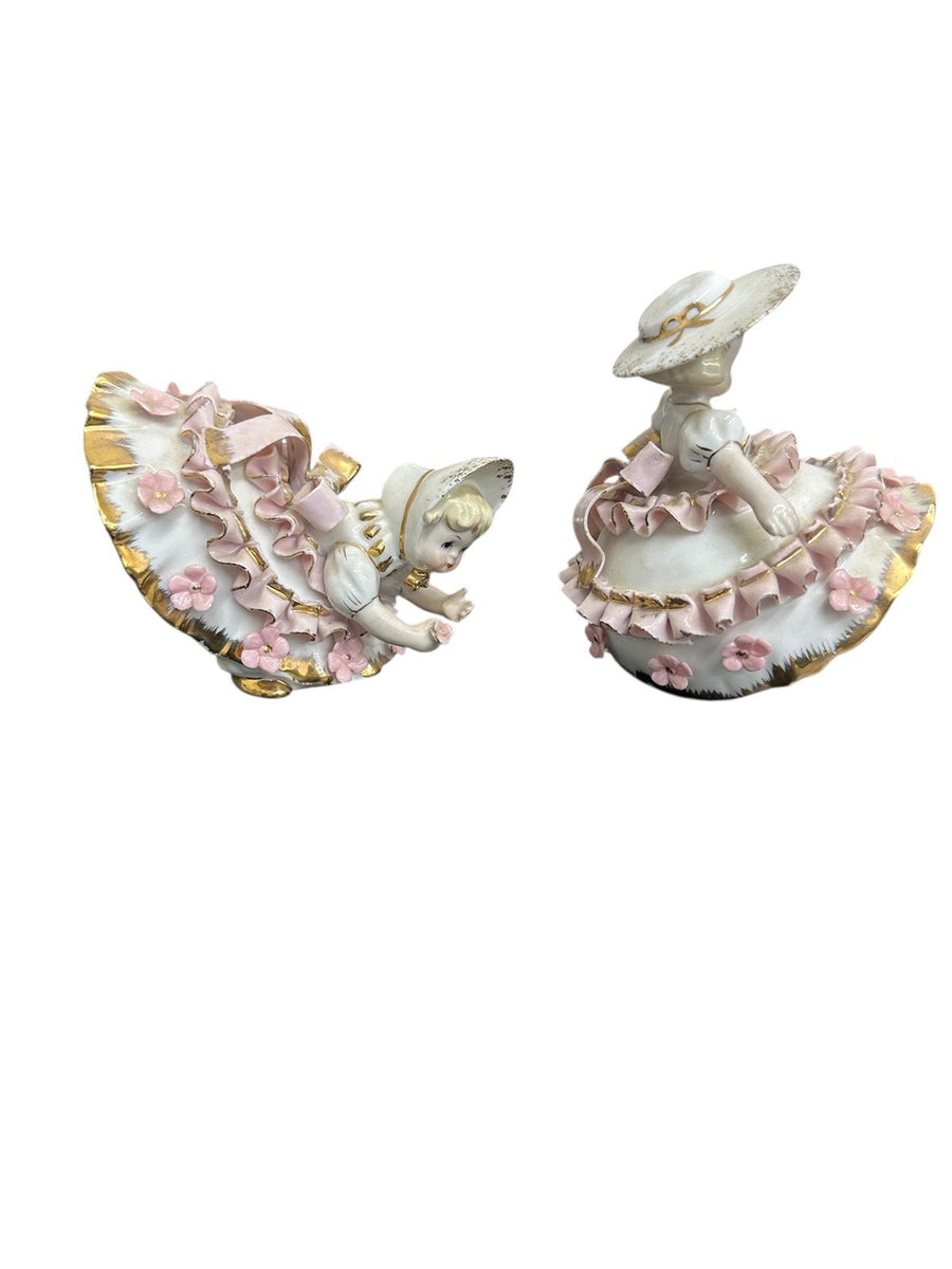 Set of 2 Vintage Lefton Porcelain Figurines Pink Gold & White Ruffle Dress Girls