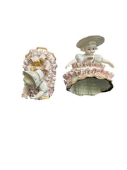 Set of 2 Vintage Lefton Porcelain Figurines Pink Gold & White Ruffle Dress Girls
