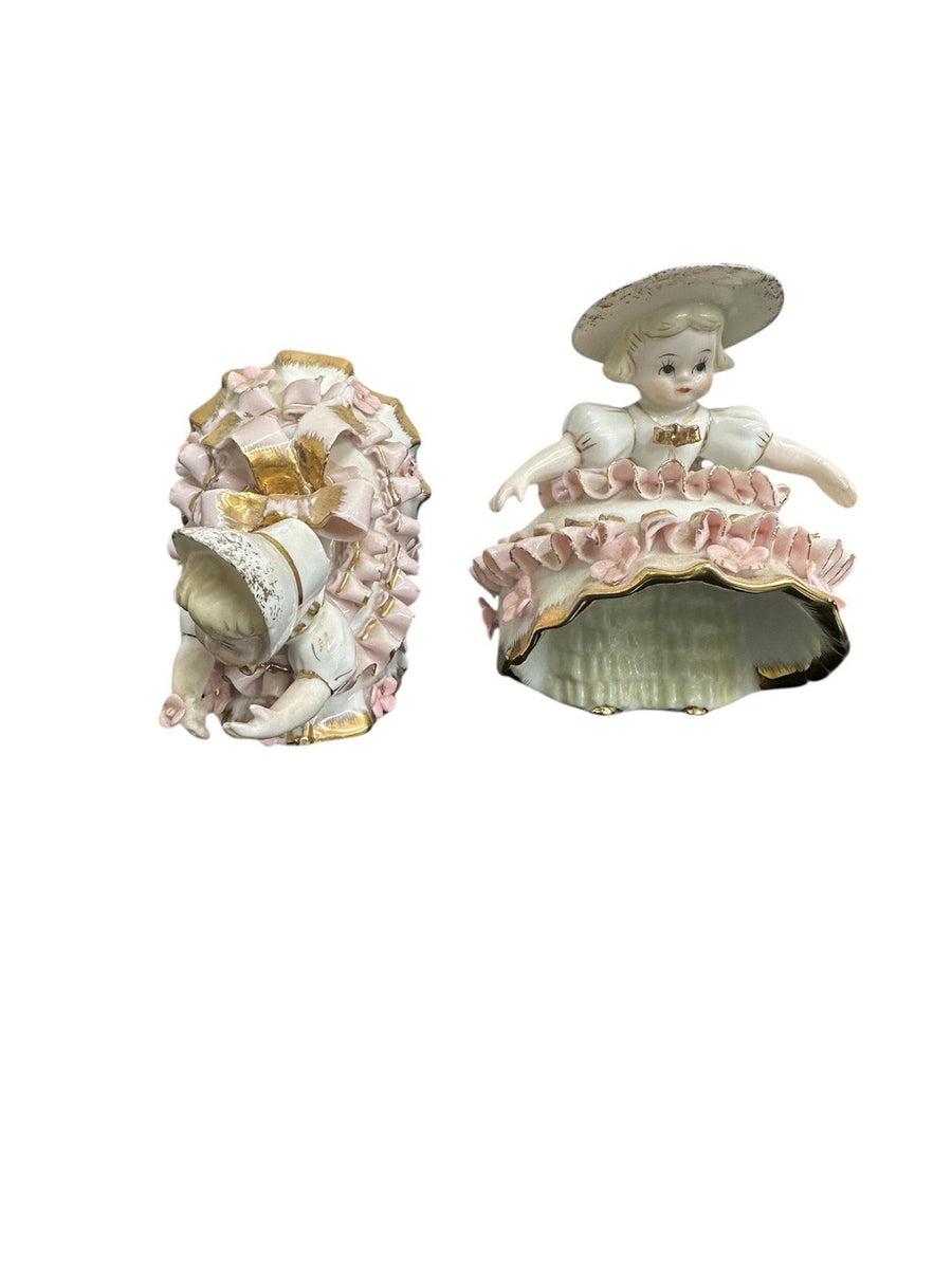 Set of 2 Vintage Lefton Porcelain Figurines Pink Gold & White Ruffle Dress Girls