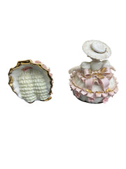 Set of 2 Vintage Lefton Porcelain Figurines Pink Gold & White Ruffle Dress Girls