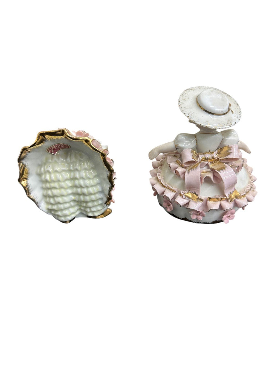Set of 2 Vintage Lefton Porcelain Figurines Pink Gold & White Ruffle Dress Girls