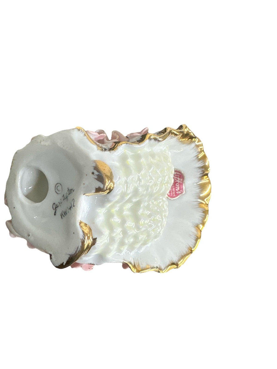 Set of 2 Vintage Lefton Porcelain Figurines Pink Gold & White Ruffle Dress Girls