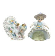 Set of 2 Lefton Porcelain Pastel Floral Ruffle Bloomer Dress Girl Figurines