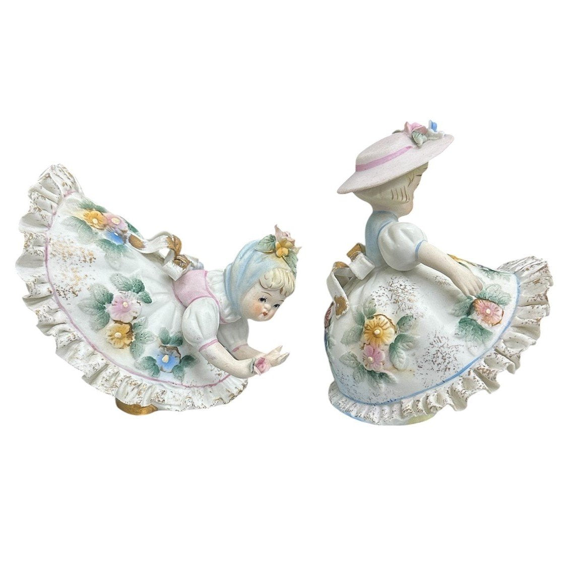 Set of 2 Lefton Porcelain Pastel Floral Ruffle Bloomer Dress Girl Figurines