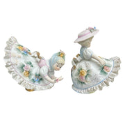 Set of 2 Lefton Porcelain Pastel Floral Ruffle Bloomer Dress Girl Figurines