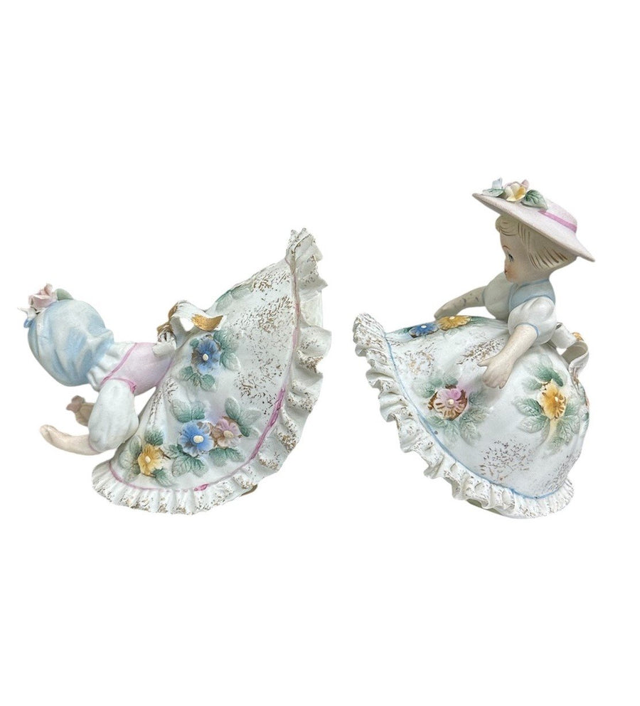 Set of 2 Lefton Porcelain Pastel Floral Ruffle Bloomer Dress Girl Figurines