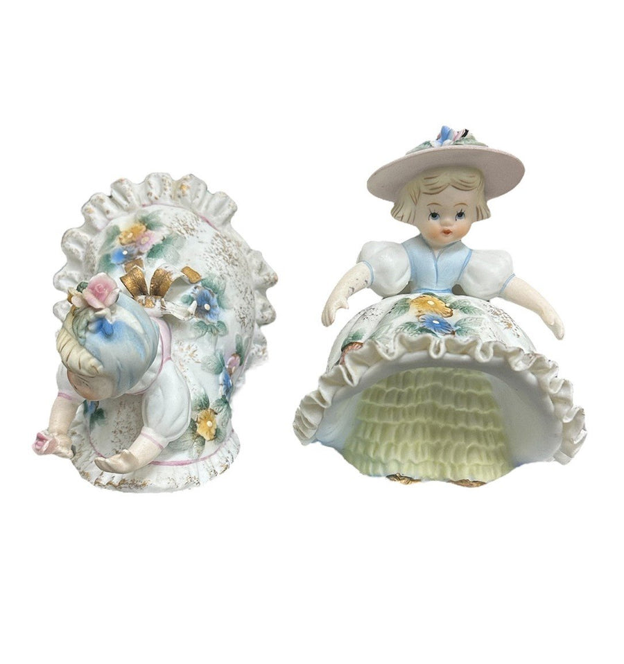Set of 2 Lefton Porcelain Pastel Floral Ruffle Bloomer Dress Girl Figurines