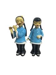 1950s Patt Ceramic Cultural Blue and Black Asian Flute Player & Girl Figurines