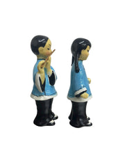 1950s Patt Ceramic Cultural Blue and Black Asian Flute Player & Girl Figurines