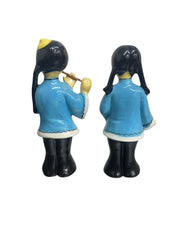 1950s Patt Ceramic Cultural Blue and Black Asian Flute Player & Girl Figurines