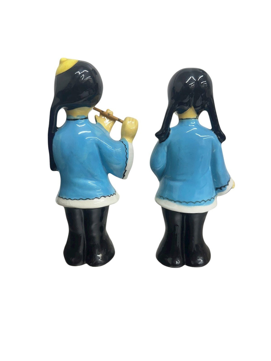 1950s Patt Ceramic Cultural Blue and Black Asian Flute Player & Girl Figurines