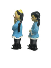 1950s Patt Ceramic Cultural Blue and Black Asian Flute Player & Girl Figurines