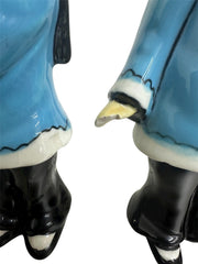 1950s Patt Ceramic Cultural Blue and Black Asian Flute Player & Girl Figurines