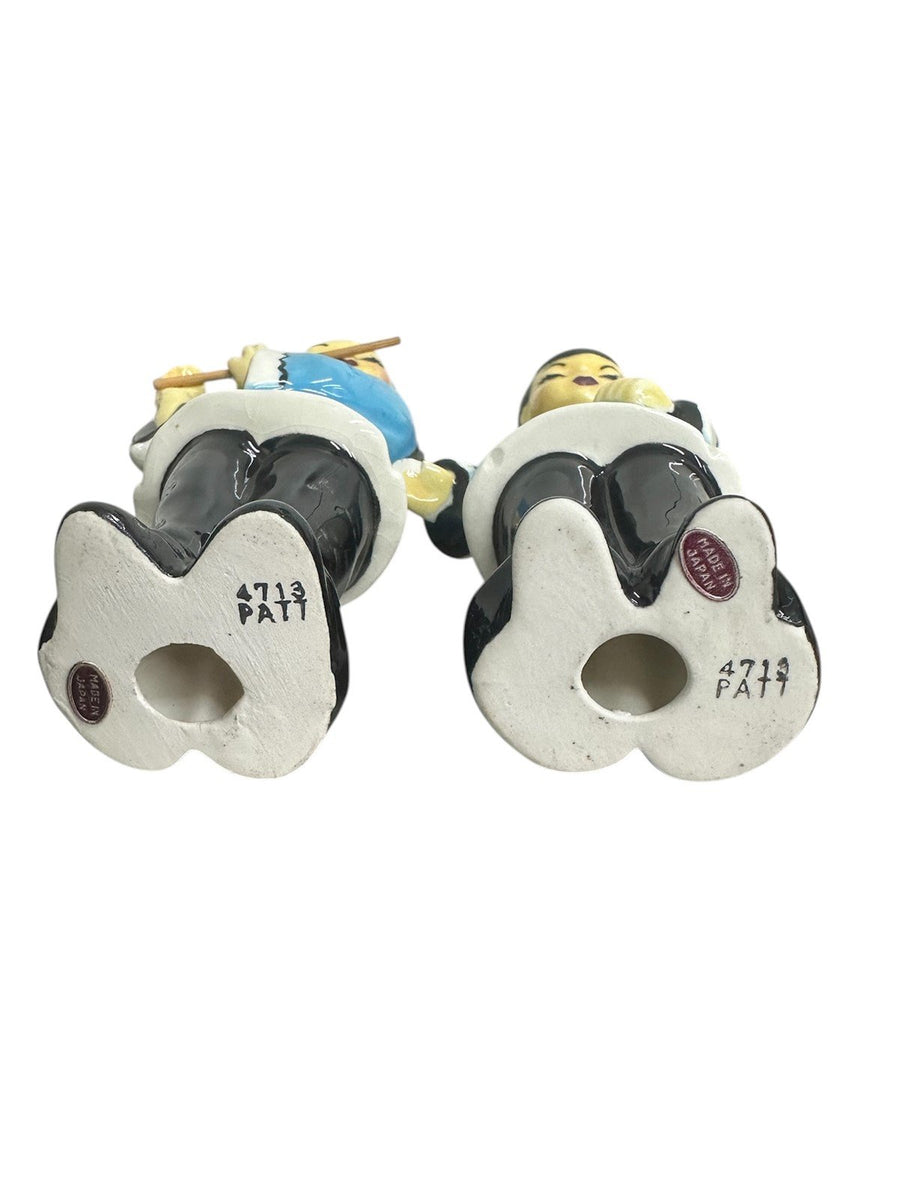 1950s Patt Ceramic Cultural Blue and Black Asian Flute Player & Girl Figurines