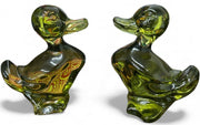Fostoria Mid Century Olive Green Glass Ducks
