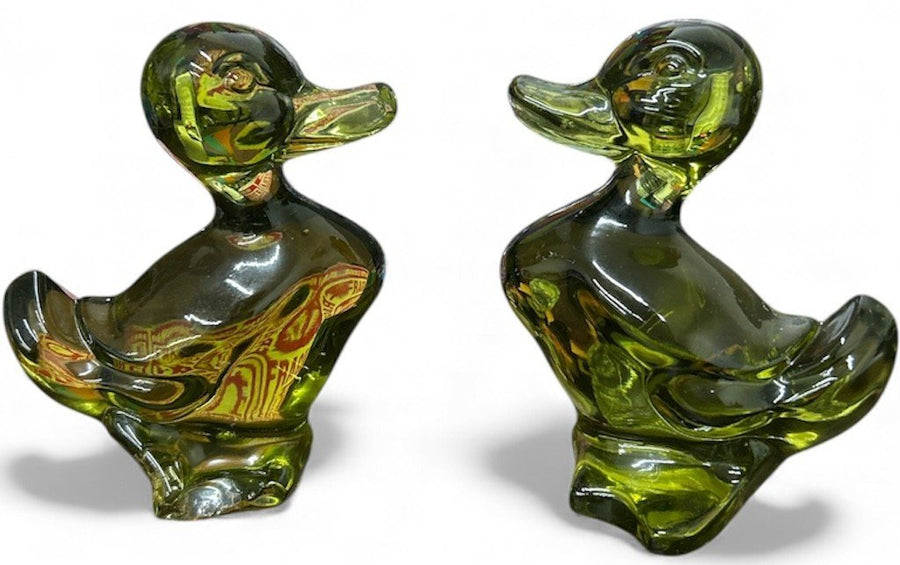 Fostoria Mid Century Olive Green Glass Ducks