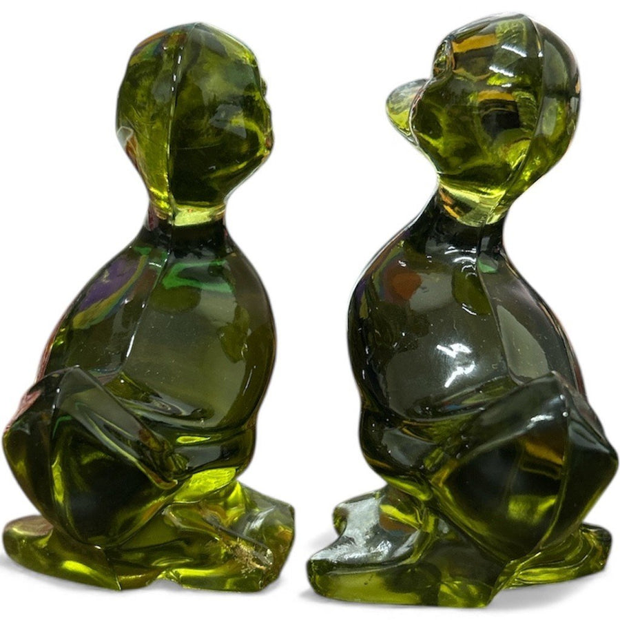 Fostoria Mid Century Olive Green Glass Ducks