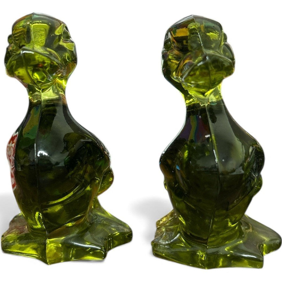 Fostoria Mid Century Olive Green Glass Ducks